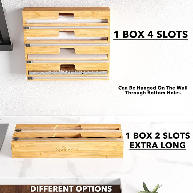 SpaceAid WrapNeat 4 in 1 Wrap Dispenser with Cutter and Labels, Plastic Wrap, Aluminum Foil and Wax Paper Dispenser for Kitchen Drawer, Bamboo Roll Organizer Holder, Compatible with 12" Roll
