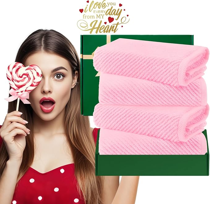 VOOVA & MOVAS Bathroom Hand Towels 4PC, 100% Cotton, 18x28 in, Pink | Quick Dry, Thick, Soft, Absorption, Luxury Hand Towels For Showering, Bathroom Essentials Set