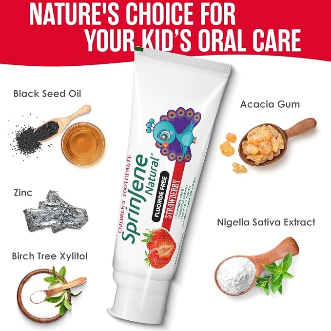 SprinJene Natural Children’s Toothpaste – Fluoride Free Strawberry Toothpaste for Toddlers & Kids – Gentle Safe Natural Formula with Patented Black Seed Oil & Zinc – Made in the USA (4 Pack)