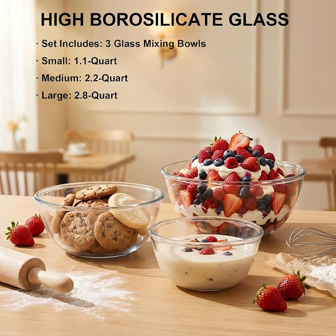 Borosilicate Glass Mixing Bowls Set of 3 (2.8, 2.2, 1.1QT) - Heavy Duty, Scratch Resistant, Non-Toxic & Lead-Free – Oven/Microwave/Dishwasher/Freezer Safe – Ideal for Meal Prep, Baking & Serving
