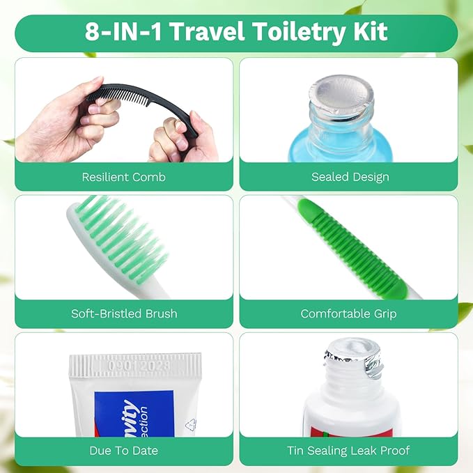 50 Set Personal Care Travel Toiletries Sets Bulk,8-IN-1 Disposable Toothbrushes with Toothpaste and Floss,Mouthwash,Comb,Soap,Cover,Zip Bag Toiletry Travel Toothbrush Kit for Homeless,Hotel,Charity