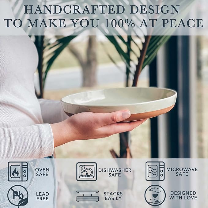 MORA Ceramic Flat Pasta Bowl Set of 4-35oz, Microwave Safe Plate with High Edge - Modern Porcelain Dinnerware for Kitchen and Eating, Large Wide Bowls/Plates for Serving Dinner, Salad, etc- Neutrals