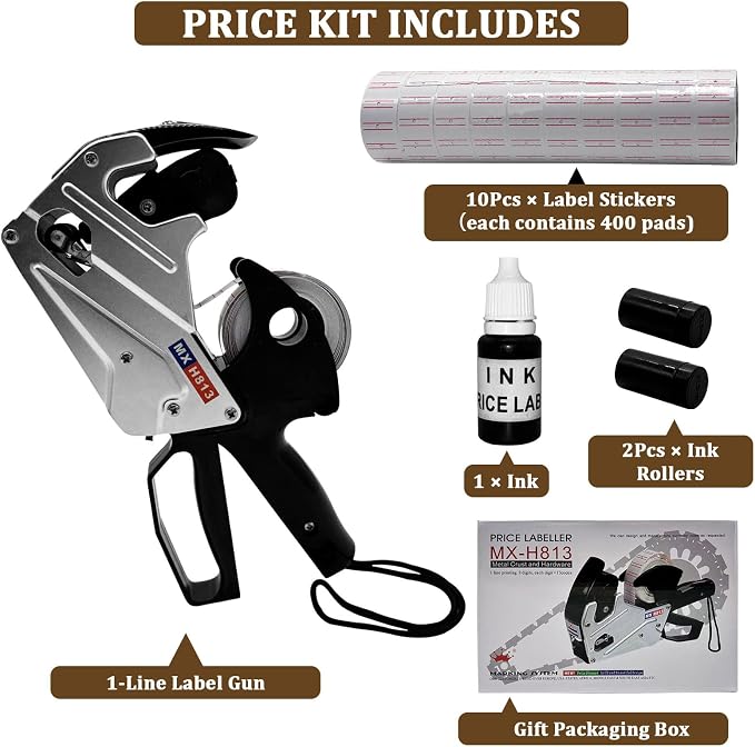 H813 Price Gun, Price Labels Gun with 4000 Labels, 1 Wheels, Price Sticker Gun kit for Office, Retail Shop, Grocery Store