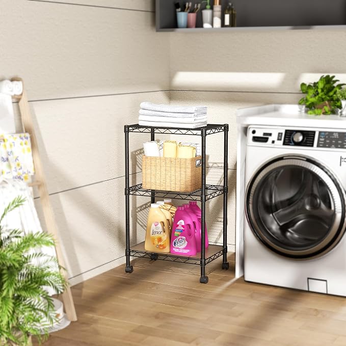 SINGAYE 3 Shelves Storage Shelf Wire Shelving Unit Metal Adjustable Wheels | Small Shelf Storage with Wheels Organizers Closet Unit for Bathroom Laundry Room Kitchen Pantry11.5D x 17.5W x 30.5H Black