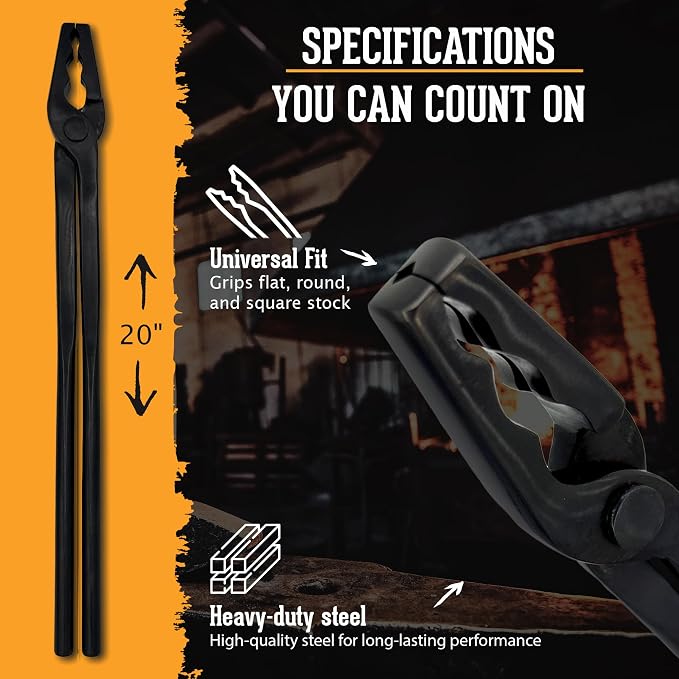 Universal Wolf Jaw Blacksmith Tongs (20", Black) - Blacksmith Tools and Forging Tools for Beginner & Professional Blacksmithing - Durable Steel, Ergonomic Grip and Versatile