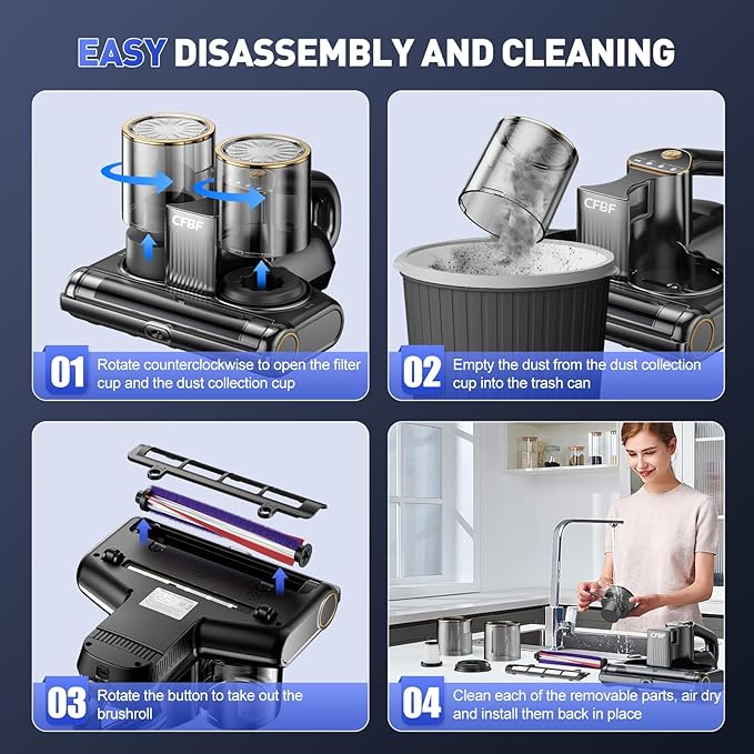 CFBF Mattress Vacuum Cleaner, Bed Vacuum Cleaner with 16Kpa Suction 253.7nm UV-C Light, Ultrasonic & High Heating, 500W Powerful Double-Cup Handheld Vacuums
