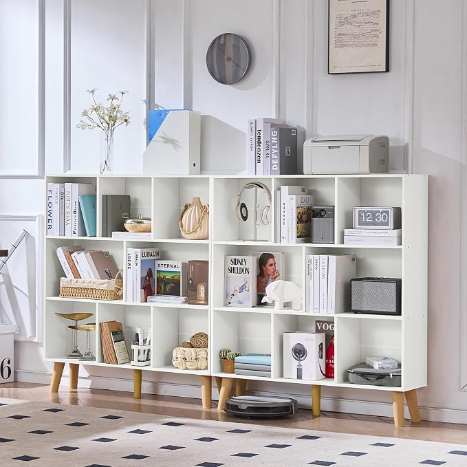 LEYAOYAO 8 Cube Bookshelf, Mid-Century Modern Book Shelf with Legs, White | 3 Tier Bookcase, Rustic Wood Bookshelves Freestanding Large Storage Organizer, Open Shelves for Bedroom, Living Room, Office