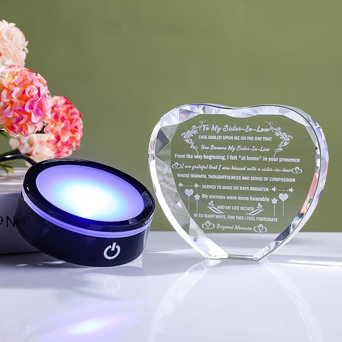 YWHL Sister in Law Birthday Gifts with Colorful LED Base Unique Heart Crystal Keepsake for Unbiological Bonus Sister Wedding Thanksgiving Gift Ideas