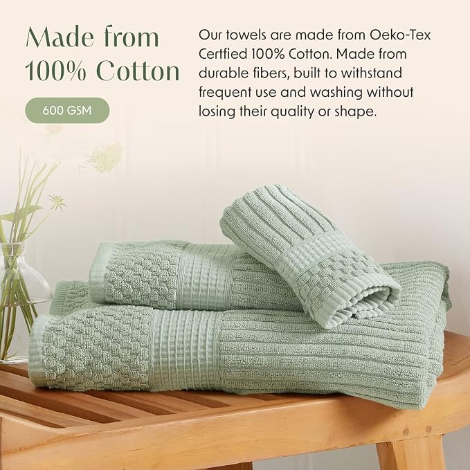 Springtree Home 100% Cotton Bath Towel Set | 6-Piece Set | Eucalyptus | Absorbent & Quick-Dry Bathroom Towels | Textured and Durable Cotton Towels for Bathroom | OEKO-TEX | Krista Collection