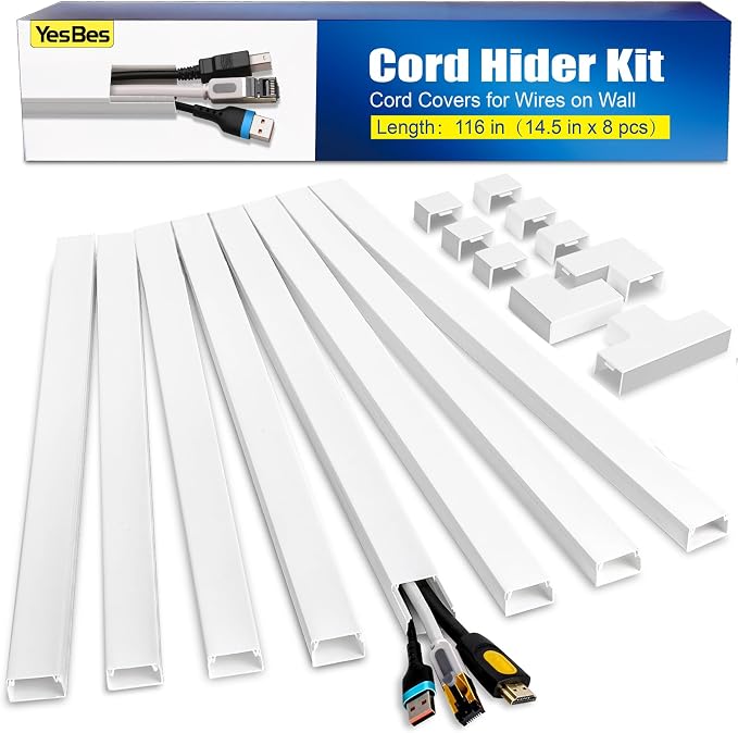 YesBes 116in Cord Hider Kit, Cord Covers for Wires on Wall, Paintable Cable Raceway, Cord Hider for Wall Mount tv, tv Cable Hider Wall kit, Wire Covers for Cords, W0.96in X H0.57in, White