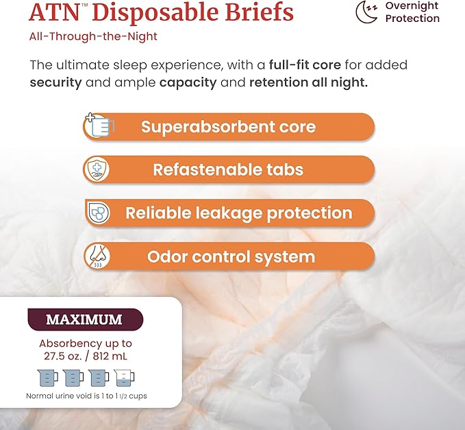 Tranquility Premium ATN Disposable Briefs with Tabs, Overnight Protection Superabsorbent Core for Leak-Free and Full-Fit Comfort, X-Large 12ct Bag.