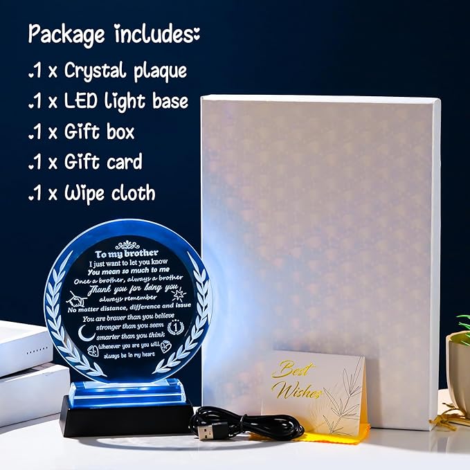 Gifts for Brother from Sister Crystal Brother Keepsake with LED Light Base Brother Gifts for Graduation Fathers Day Wedding Christmas