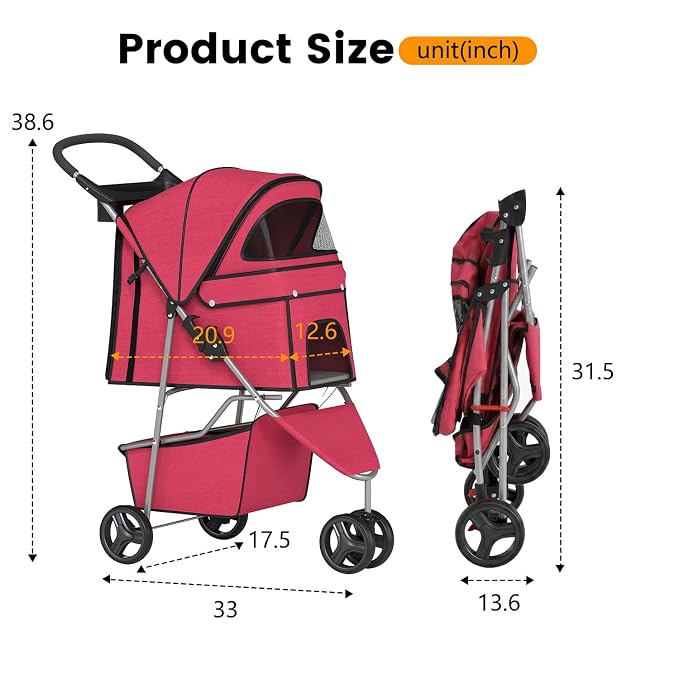 BestPet 3 Wheels Pet Dog Stroller Cat Cage for Medium Small Dogs Cats Travel Folding Carrier Waterproof Puppy Stroller with Cup Holder & Removable Liner,Red