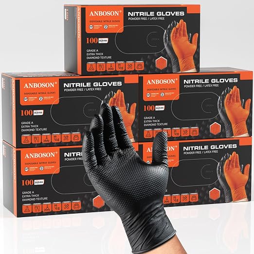 ANBOSON 10 Mil Heavy Duty Industrial Nitrile Gloves, Black Large 500 Count | 500 Ct Diamond Texture, Disposable Latex Free Rubber Gloves for Auto Repair,Workshop,Warehouses,Chemical Handling Industrial