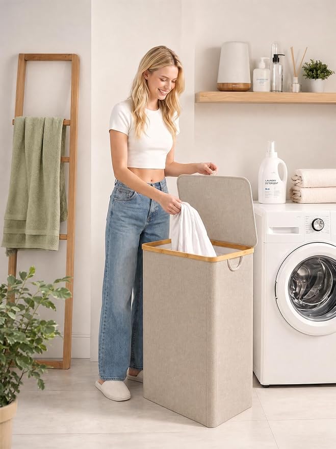 iEGrow Laundry Hamper with Lid, 110L Large Laundry Basket with Handle, Collapsible Clothes Basket Organizer with Removable 2 Inner Bag for Clothes Towels - Oatmeal