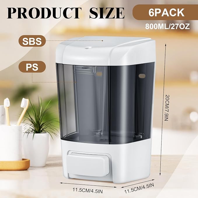 Hushee 6 Pcs Plastic Wall Mounted Soap Dispenser Commercial Manual Soap Dispenser Containers for Kitchen Shower Hotel(Brown,27 oz 800 ml)