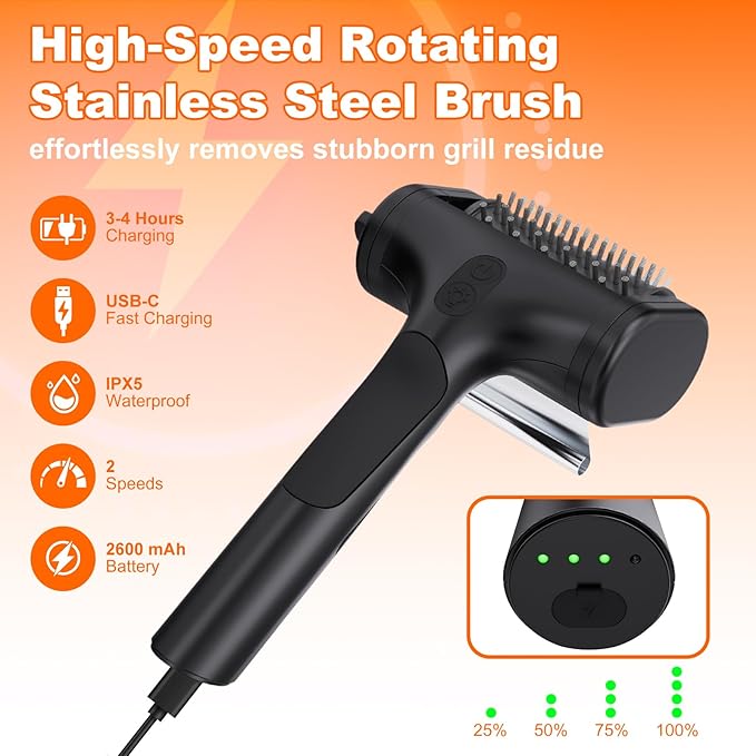 Electric Grill Brush for Outdoor Grill,2600mAh Rechargeable Electric Grill Cleaner with 2-Speed(Max 1000RPM)，2 Replacement Heads and LED Light for Outdoor/Camping BBQ Grates Cleaning Tool (Black)