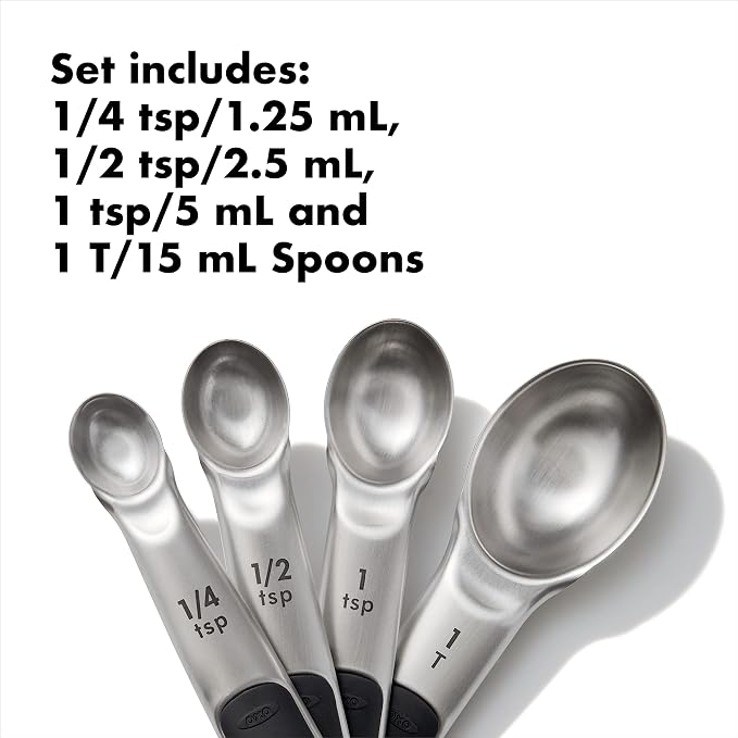 OXO Good Grips 3-Piece Angled Measuring Cup Set, Black & Good Grips 4 Piece Stainless Steel Measuring Spoons with Magnetic Snaps