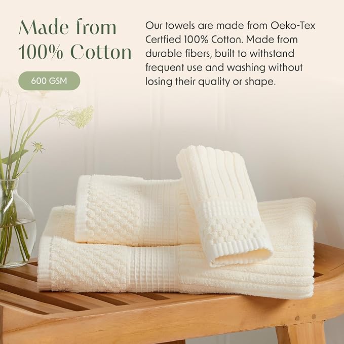 Springtree Home 100% Cotton Bath Towel Set | 4-Pack | Textured | Cream | Absorbent & Quick-Dry Bathroom Towels | Textured and Durable Cotton Towels for Bathroom | OEKO-TEX | Krista Collection