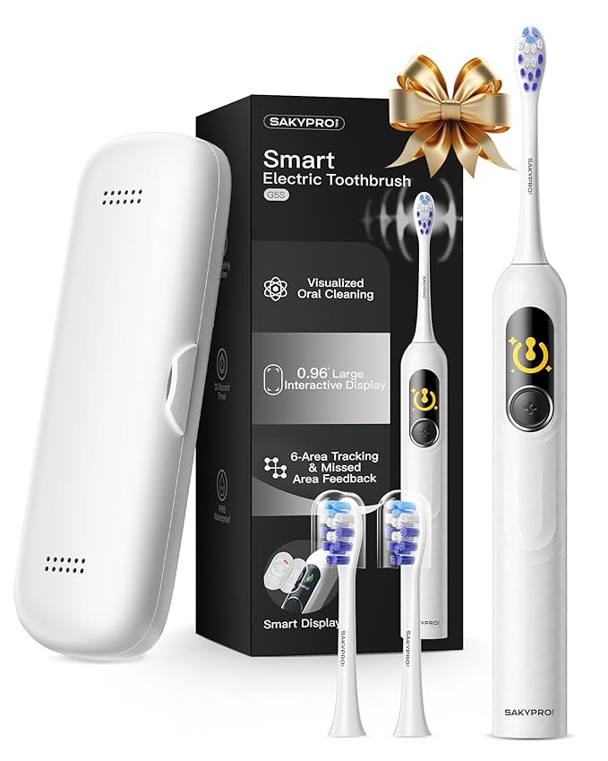 SAKYPRORAL AI Electric Toothbrush with Smart Display for Adults Kids | 150-Day Rechargeable Toothbrush, Real-Time Map |3-Min Timer, Travel Case | Teens Sonic Toothbrush Gift (G5S White)