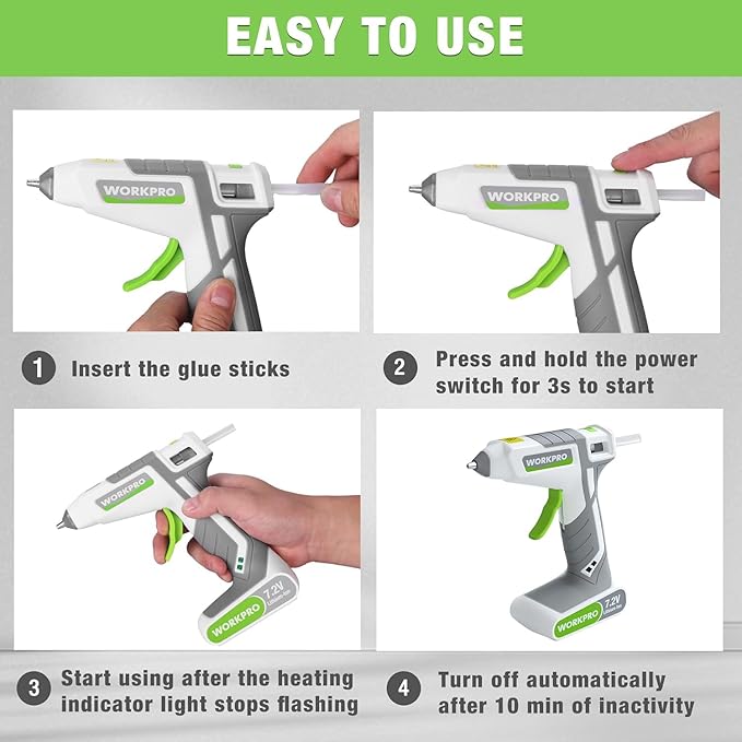 WORKPRO 7.2V Cordless Hot Melt Glue Gun, Rechargeable Fast Preheating Glue Gun Kit with 20 Pc Premium Mini Glue Stick, Automatic-Power-Off for Art, Craft, Decoration, USB Type-C Cable Included