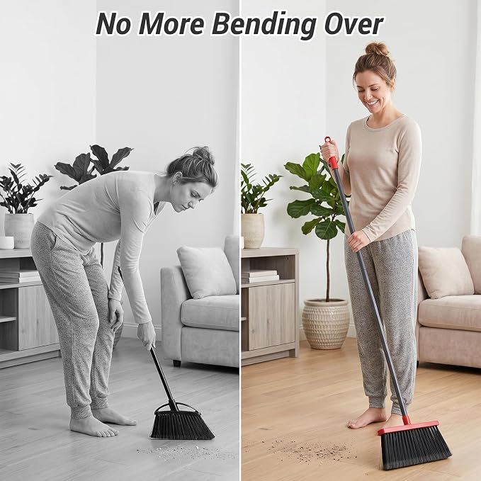 Broom with Dustpan Combo Set, Long Handle Upright Standing Self-Cleaning Broom and Dustpan Set for Pet Hair & Dust Cleanup, Indoor Outdoor Use for Home, Kitchen, Office, Red & Gray