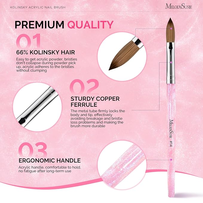 MelodySusie Kolinsky Acrylic Nail Brush,66% Kolinsky Hair Professional Nail Art Brush for Acrylic Application, Aurora Collection Fine Glitter Brush,Size 14