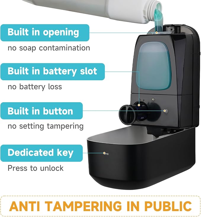 AIKE Liquid Automatic Soap Dispenser,33.8oz Capacity for Bathroom,Black | 5-Level Adjustable and Savety Key for Commercial(4*AA Batteries Not Included),Screw Wall Mount for Space-Saving,AK1226S