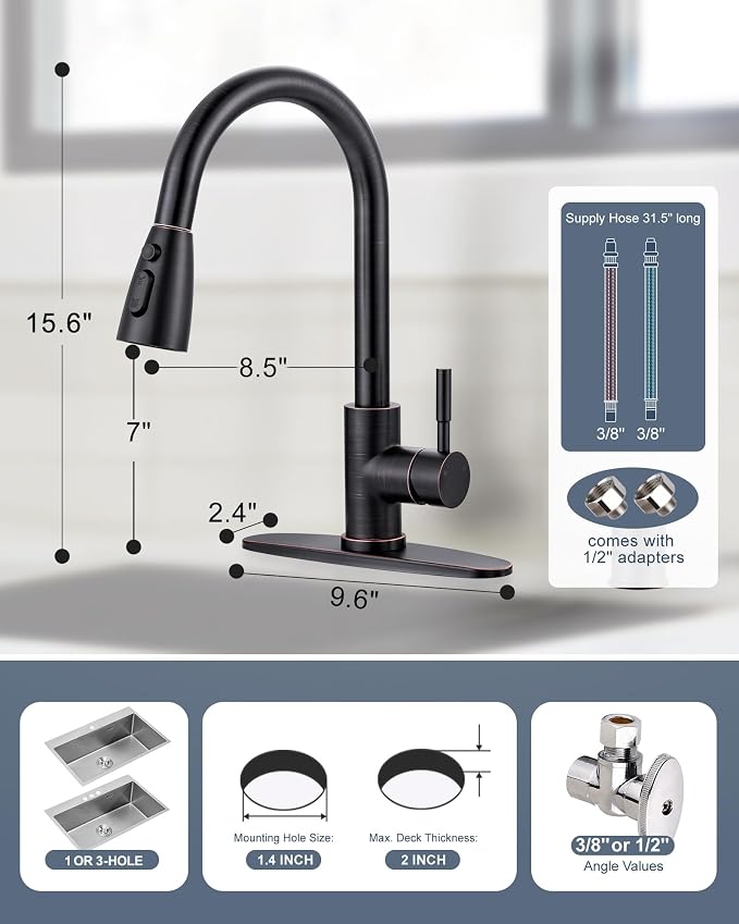 Kitchen Faucet with Air Gap: WOWOW Stainless Steel Kitchen Sink Faucet and Dishwasher Air Gap Kits for Kitchen Sink 2 or 4 Hole, Oil Rubbed Bronze Kitchen Faucet Combo with Sprayer