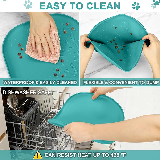 SMILOOL Waterproof Silicone Pet Food Mat with Raised Edge for Dog & Cat | 12" x 12" Non-Slip Small Pet Feeding Mats with Lip for Food & Water Bowl, Food Grade, Easy Cleaning, Dark Turquoise