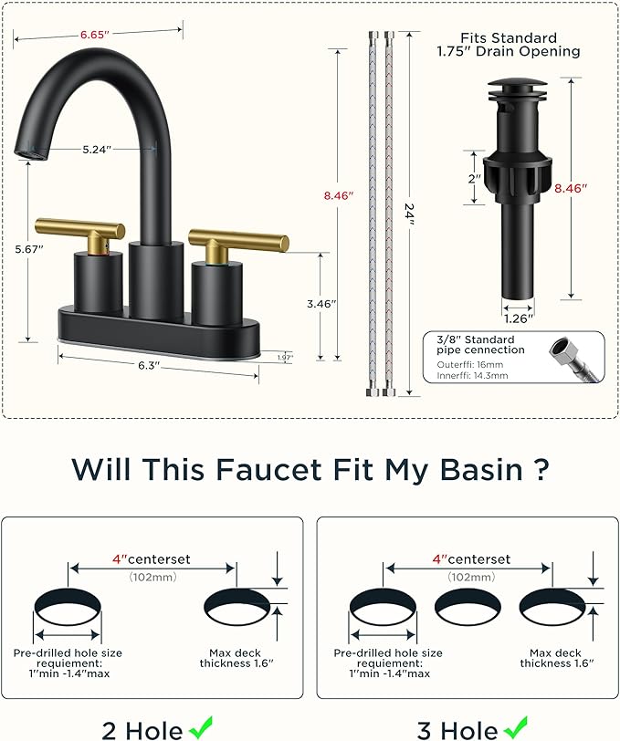 FORIOUS 4 in Black and Gold Bathroom Faucet Centerset, 2 Handle Matte Black Swivel Faucet for Bathroom Sink 2 or 3 Hole with Pop up Drain and cUPC Supply Hose, Suitable for Vanity RV Restroom