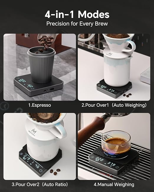 Espresso Scale with Timer - MUVNA Mini Coffee Scale 0.1g Precision Rechargeable, Metal Body Portable Digital Scale for Pour Over/Espresso with Flow Rate Display, Automatic Timing, Black