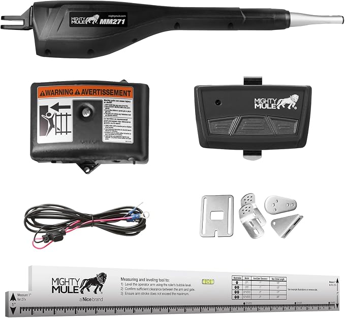 Mighty Mule Gate Opener, Solar Ready, Automatic Gate Opener for Single Swing Gates up to 300lb or 12ft, with Precision Installation Ruler, Upgraded Kit, MM271-A