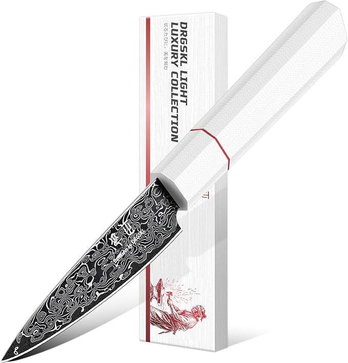 DRGSKL Damascus Fruit Knife 3.5 inch - VG10 Paring Knife with G10 Handle | Japanese VG10 Core, Black Anti-corrosion Coating, Damascus Blade, G10 Handle, Gift Box, Wet Edge Grinding Technology