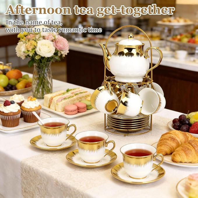 20 Pcs Porcelain Tea Set with Metal Holder and Spoon, European Ceramic Tea Set for Adults, European Flower Painting Teapot Cup Saucer Spoon Set for 6, 1000ML Gift Pack(White)
