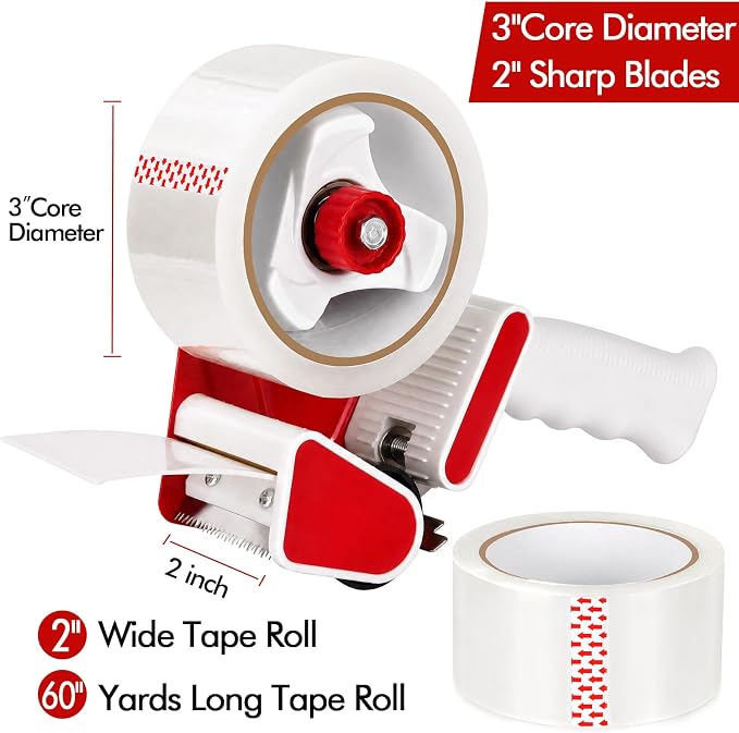 2 Pack Heavy Duty Packing Tape Dispenser Gun with 12 Pack Clear Packaging Tapes, 2 Inch Packaging Tape with Dispenser for Carton Sealing, Moving Boxes, Shipping (Red)