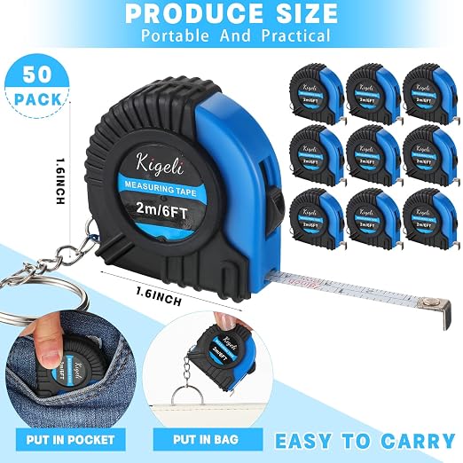 Kigeli 50 Pcs 6ft/2 Meter Mini Measuring Tape Keychains Small Measure Keychain Bulk Set Functional Mini Retractable Measuring Tape Keychains with Slide Lock for Engineer Crafter(Blue)