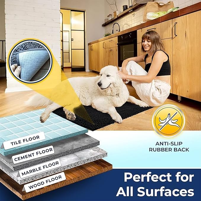 Muddy Mat® | Chenille Bathroom Rugs Quick Dry Microfiber Mats Non Slip Washable, Extra Thick, Soft and Highly Absorbent Bath Mats for Bathroom, Kitchen, and Shower Floor - Black 24"x36"