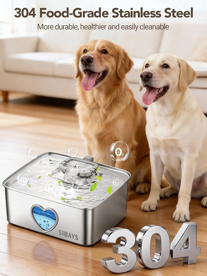 SIBAYS 15L Large Dog Water Fountain, 4 Gal Stainless Steel Pet Water Fountain for Dogs Inside, Ultra Quiet Automatic Dog Water Bowl Dispenser with Water Level Window & LED Light, Easy to Clean FS80