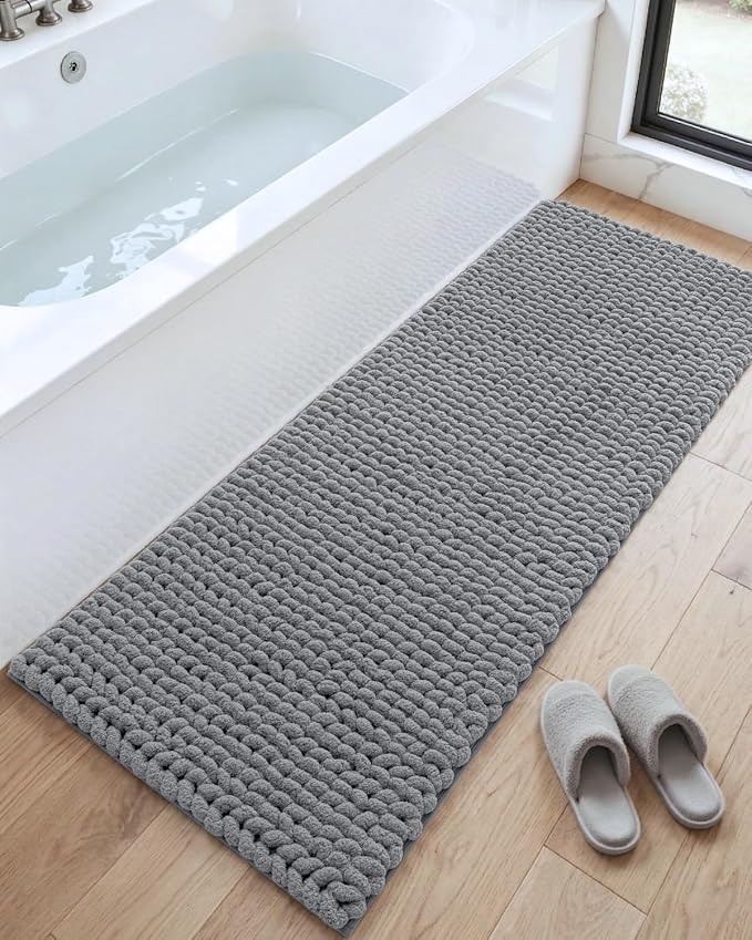 DEXI Bathroom Runner Rugs 60x24, Non Slip Washable Long Bath Mat, Luxury Chenille Super Absorbent Ultra Thick Bathmats for Shower Floor, Plush Fluffy Shaggy Carpet for Tub, Dark Grey