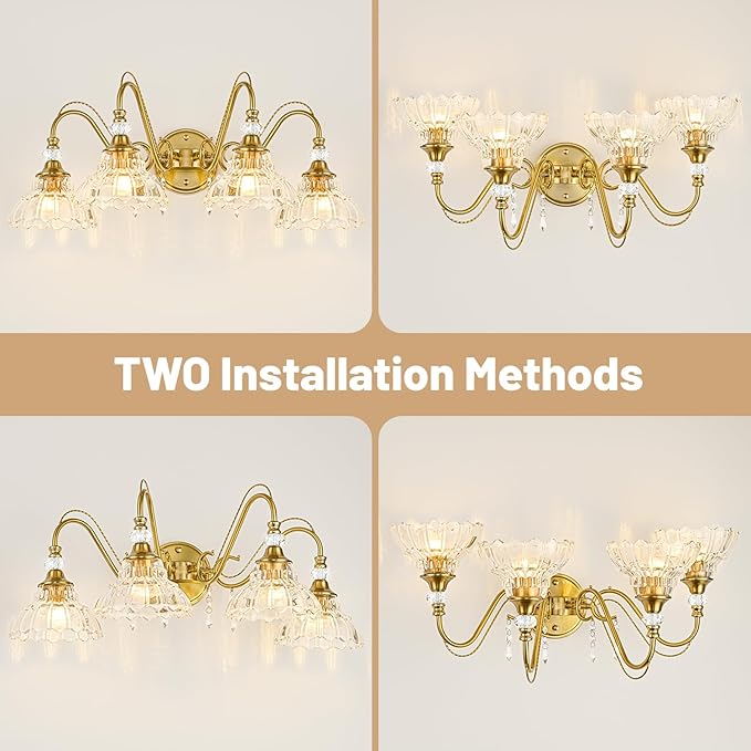 Vintage Bathroom Vanity Light, 4-Light Brushed Gold Finish Wall Sconce with Hanging Crystal Accents and Flower-Shaped Clear Glass Shades, Retro Wall Mount Vanity Light Over Mirror for Bathroom