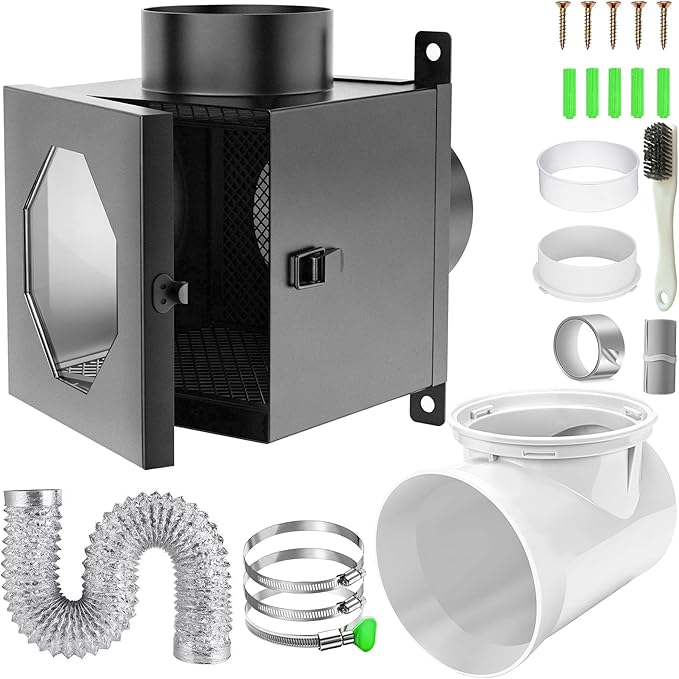 Dryer Lint Trap, Metal Dryer Duct Lint Trap Lint Catcher Collector Box with 90 Degree Dryer Vent Elbow, Secondary laundry lint catcher Connector Kit for Electric Dryer - Easy to Install & Maintain