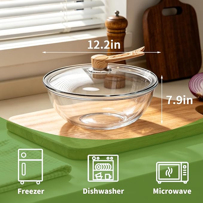 6.5 Qt Large Glass Mixing Bowl with Glass Lid, Clear Glass Bowl for Sourdough Salad Bowls with Lid & Long Handle,Thickened Glass Big Mixing Bowls Cooking Bowl for Food Prep, Kitchen,Dinner