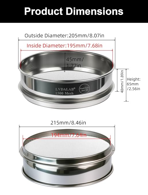 All 304 Stainless Steel 1500 Mesh Test Sieve (0.005mm Aperture), 8 Inch/20cm Diameter, Ultra Fine Micron Filter, Lab Analysis Screen for Ultra-fine Particles