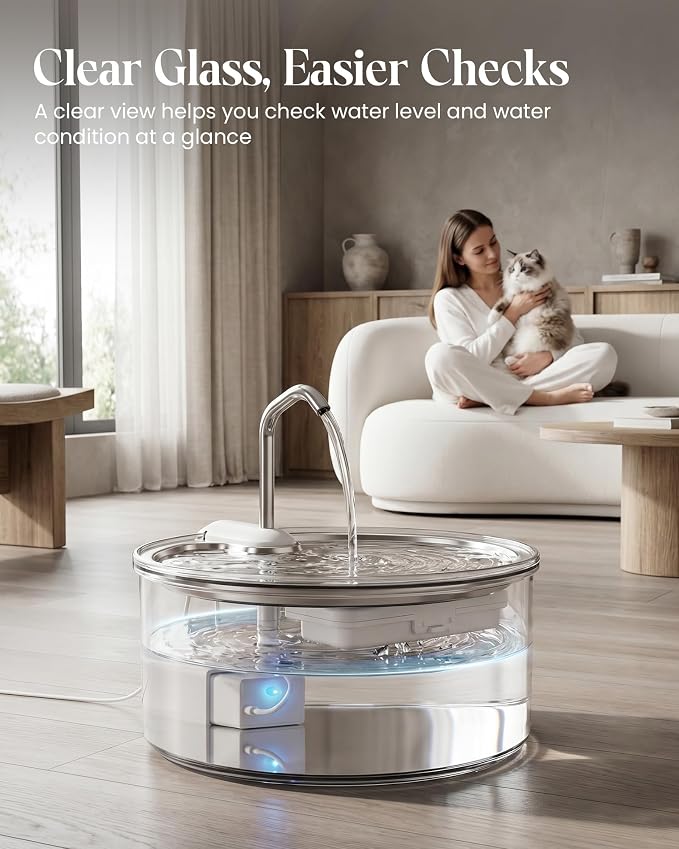 Tomxcute Glass Cat Water Fountain, 108oz Quiet Pet Dispenser for Drinking | Prevents Feline Acne, Visible Water Level, Sleep-Friendly Silent Pump, Dishwasher Safe, 3-Layer Filtration