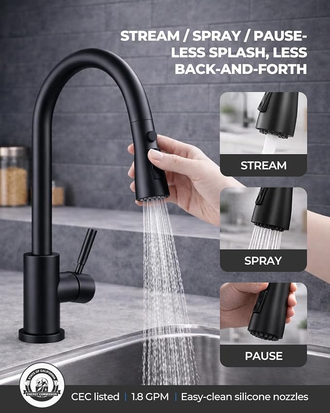 WEWE Pull-Down Kitchen Faucet, 1-Hole for Commercial, Laundry, RV Sinks | 20" Pull-Out Hose Gives Flexible Coverage, 3 Spray Modes, Lead-Free SUS304 Stainless, Tool-Free Twist-Lock