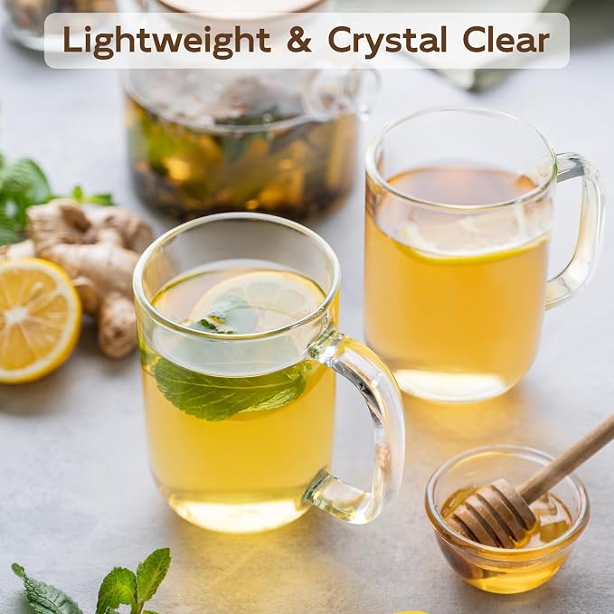 Glass Coffee Mugs, 20 oz Ice Coffee Cups Set of 4, Large Clear Tea Cups, Glass Mugs with Handles for Hot Beverages, Glass Cups for Latte, Cappuccino, and Tea
