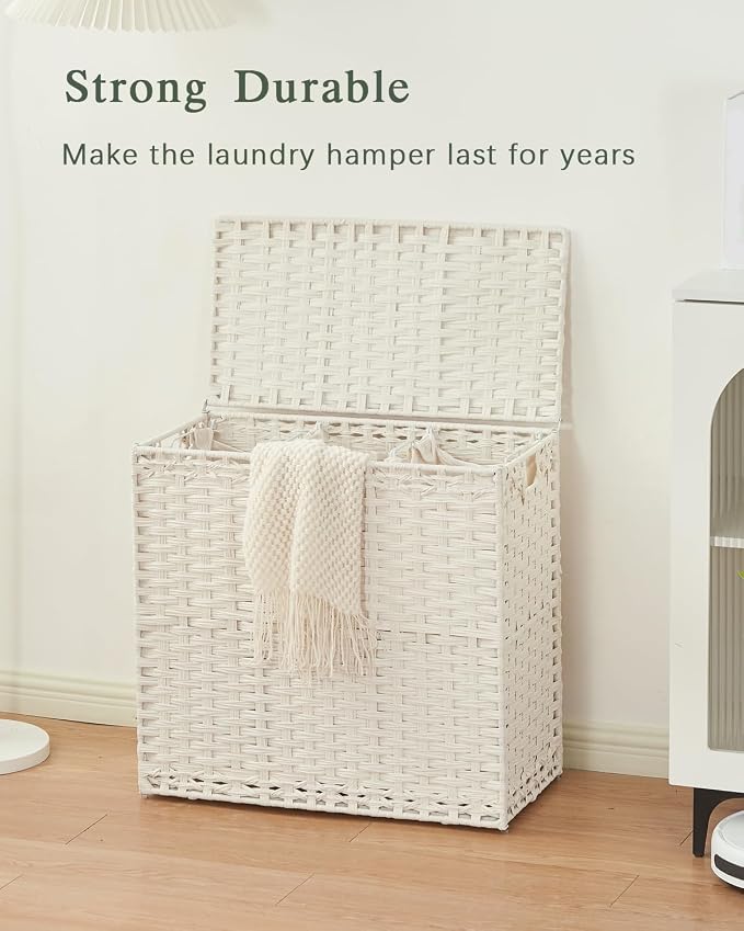 SETVSON Laundry Hamper with Lid Laundry Basket 132 L PE Rattan, White | Large Family Clothes Sorter Trunk with Lid, 3 Compartment Washable Liners, 6 Mesh Bags, Collapsible Steel Frame