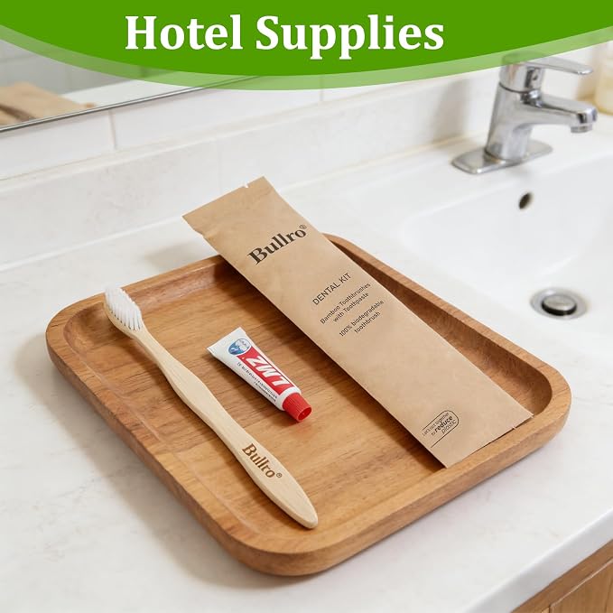 Disposable Bamboo Toothbrush Kit (50 Pack) with 6g Toothpaste - 100% Natural Biodegradable - Individually Wrapped Disposable Amenities for Hotel, Airbnb, Travel, Camping, Homeless & Guest Use