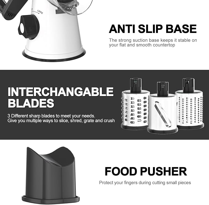 Cambom Rotary Cheese Grater Hand Crank Cheese Shredder for Fresh Cheese, Vegetable, Nuts,Non-slip Suction Base, Three Blades, Black White